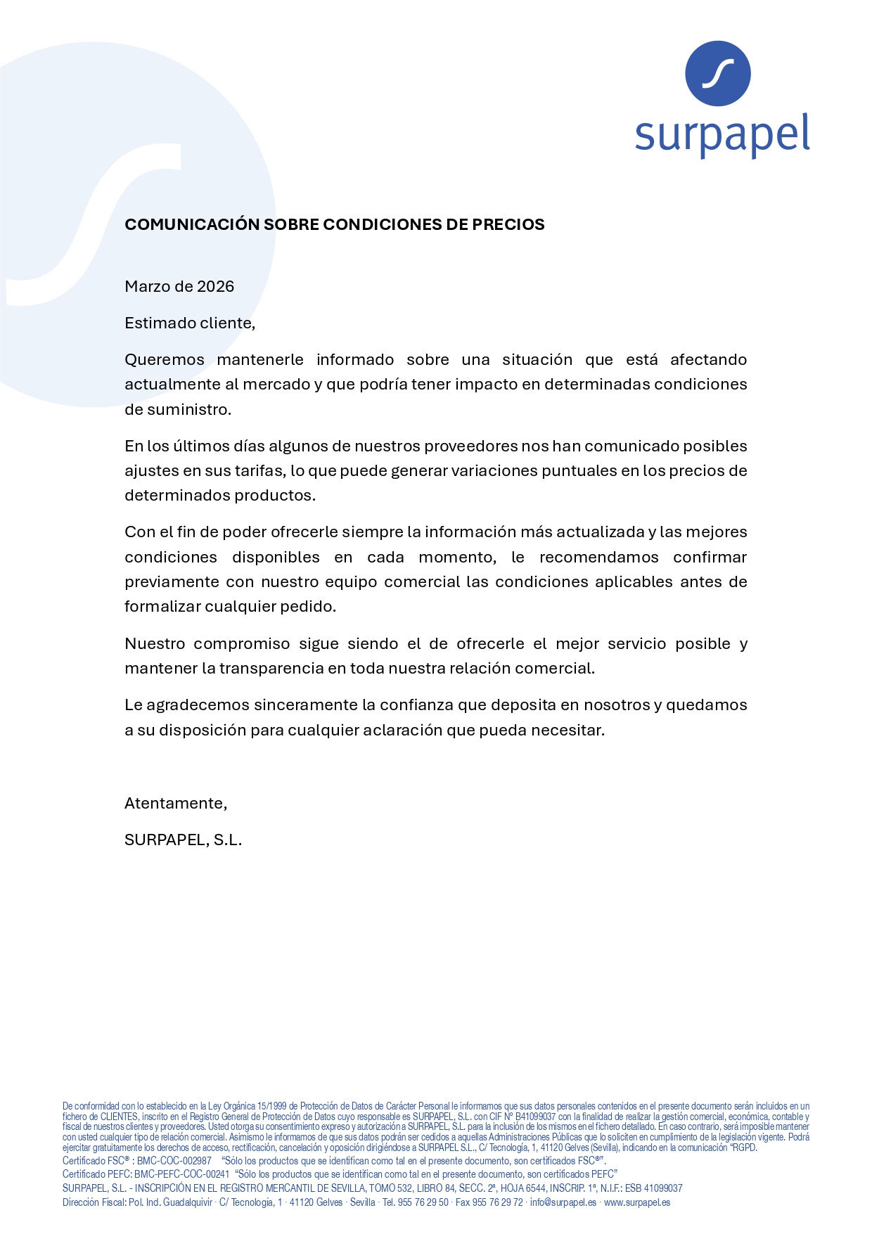 Comunicado condiciones de precios